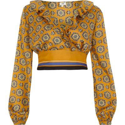 River Island Womens Mixed Print Wrap Frill Crop Top
