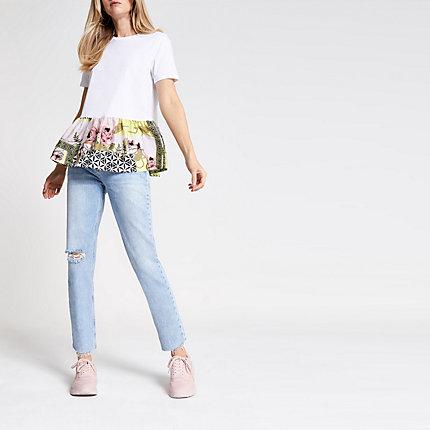 River Island Womens White Scarf Print Peplum Hem T-shirt