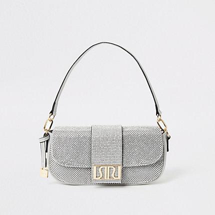 River Island Womens Silver Ri Diamante Underarm Bag