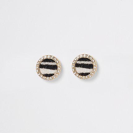 River Island Womens Zebra Print Diamante Stud Earrings