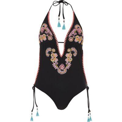 River Island Womens Embellished Halter Neck Plunge Swimsuit