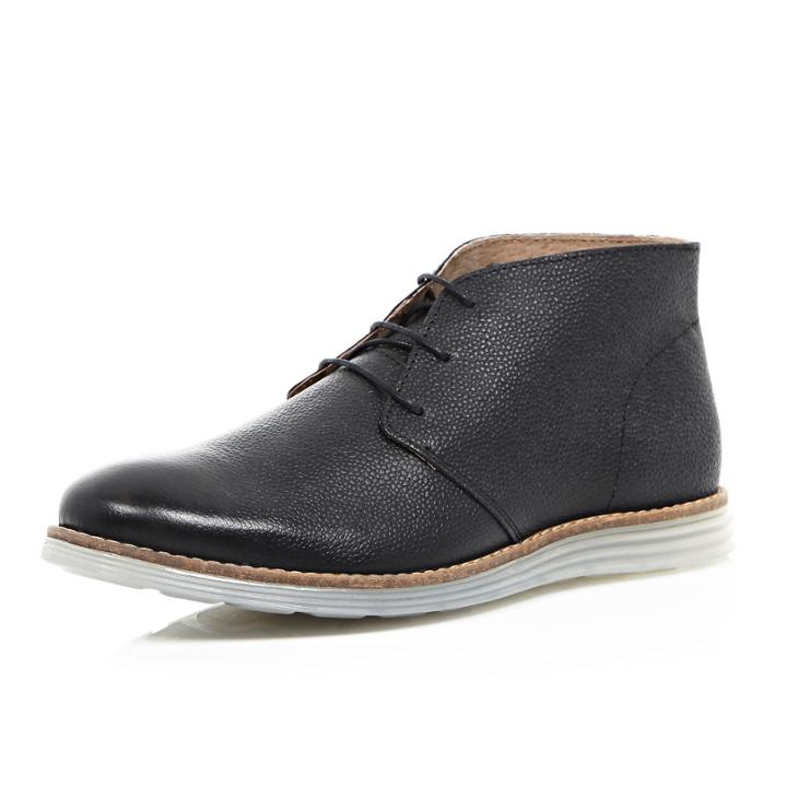 River Island Mensblack Leather Wedge Sole Chukka Boots