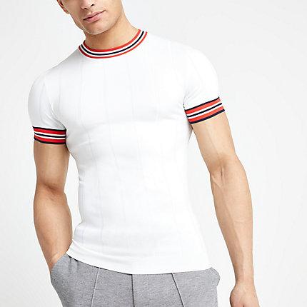 River Island Mens White Muscle Fit Stripe Tripped T-shirt