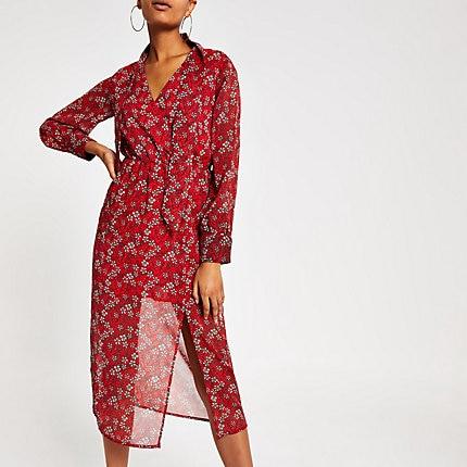 River Island Womens Printed Waisted Sheer Midi Dress