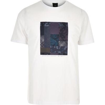 River Island Mens White Patchwork Print Slim Fit T-shirt