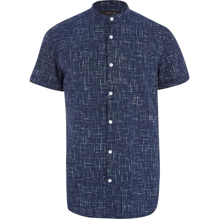 River Island Mensnavy Linear Print Grandad Shirt