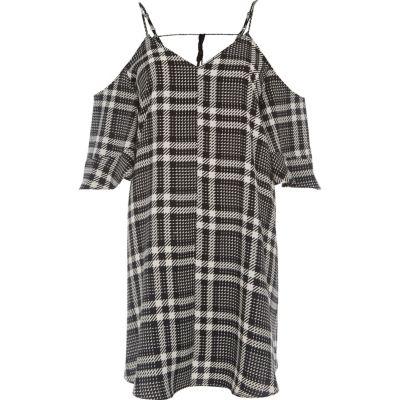 River Island Womens White Mono Check Cold Shoulder Swing Dress