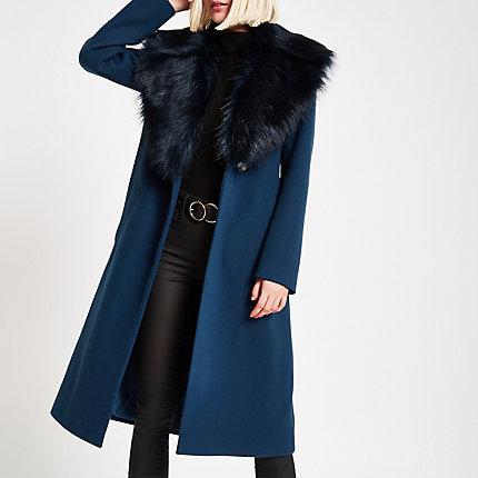 River Island Womens Faux Fur Trim Belted Robe Coat