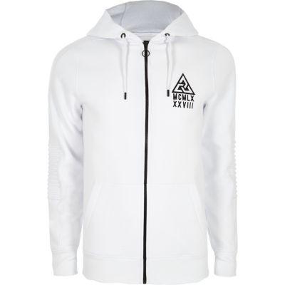 River Island Mens White Biker Panel Sleeve Muscle Fit Hoodie