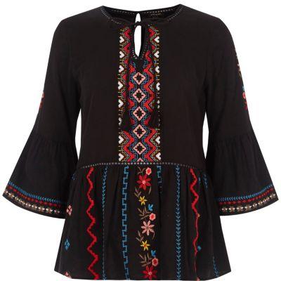River Island Womens Petite Embroidered Bell Sleeve Top