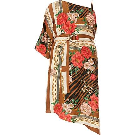 River Island Womens Plus Print One Shoulder Midi Dress