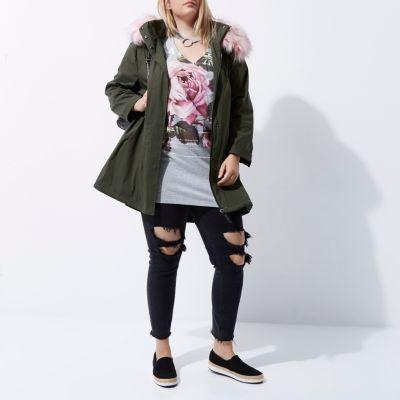 River Island Womens Plus Pink Fur Collar Parka