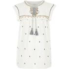 River Island Womens White Tassel Trim Embroidered Smock Top