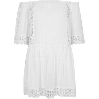 River Island Womens White Cutwork Bardot Mini Beach Dress