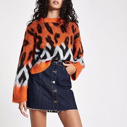River Island Womens Dark Denim Button Down Denim Mini Skirt