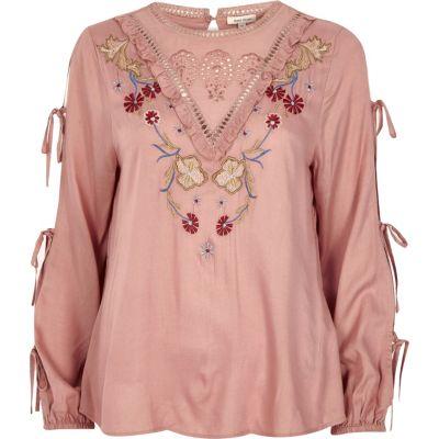River Island Womens Embroidered Tie Sleeve Smock Top