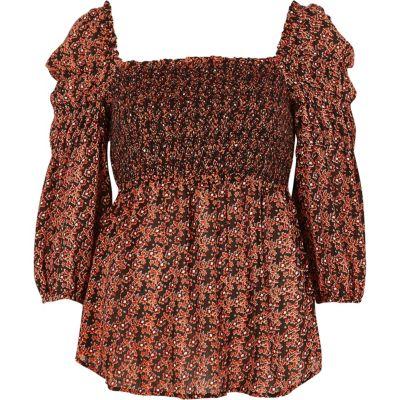 River Island Womens Floral Print Shirred Smock Top