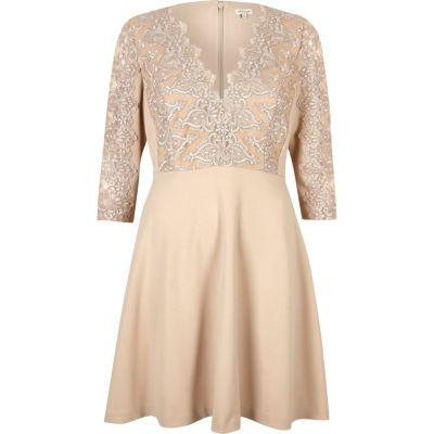 River Island Womens Nude Plunge Lace Skater Dress