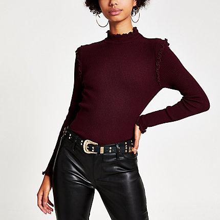 River Island Womens Fitted Frill Trim High Neck Top