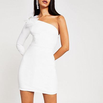 River Island Womens White One Sleeve Bow Bodycon Mini Dress