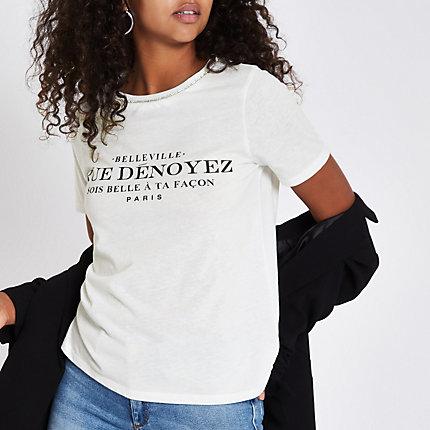 River Island Womens White Print Rhinestone Crew Neck T-shirt