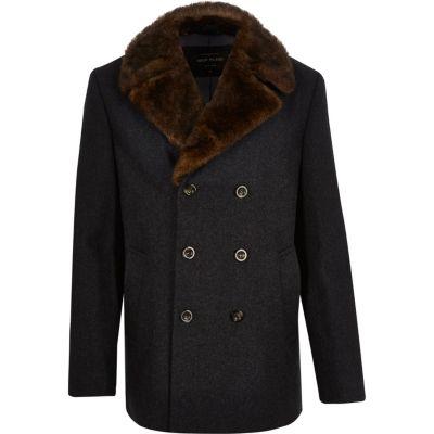 River Island Mens Wool Blend Faux Fur Collar Peacoat