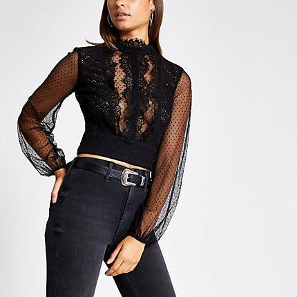 River Island Womens Long Sheer Sleeve Lace Crop Top