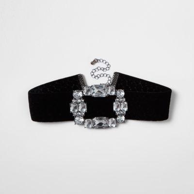 River Island Womens Velvet Rhinestone Brooch Choker