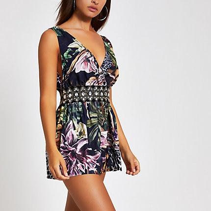 River Island Womens Print Embellished Playsuit