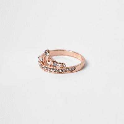 River Island Womens Rose Gold Tone Rhinestone Crown Ring