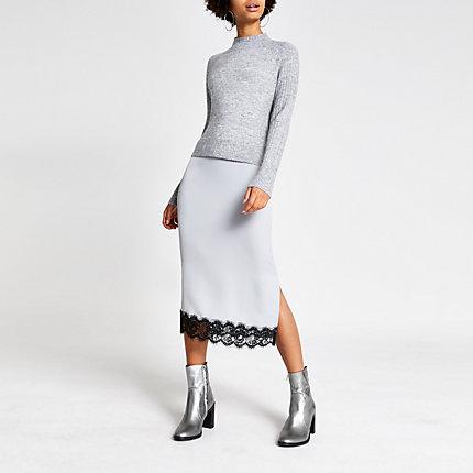 River Island Womens Midi Satin Lace Trim Jumper Dress