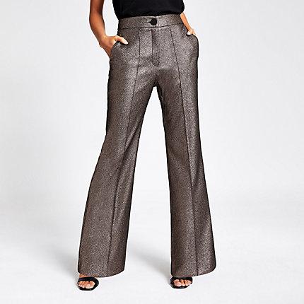 River Island Womens Gold Metallic High Rise Flare Trousers