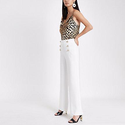 River Island Womens White Wide Leg Button Detail Pants