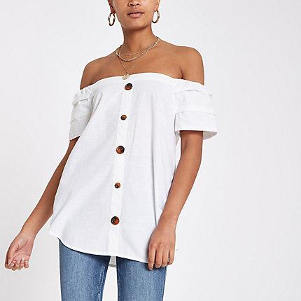 River Island Womens White Button Bardot Top