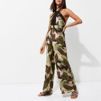 River Island Womens Leaf Print Crochet Beach Jumpsuit
