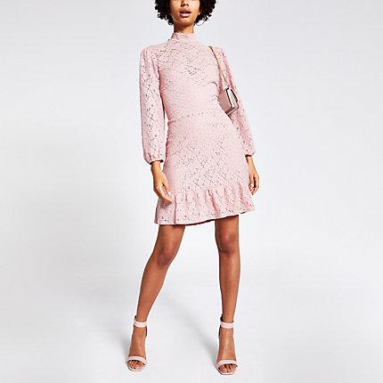 River Island Womens Lace High Neck Ruffle Hem Mini Dress