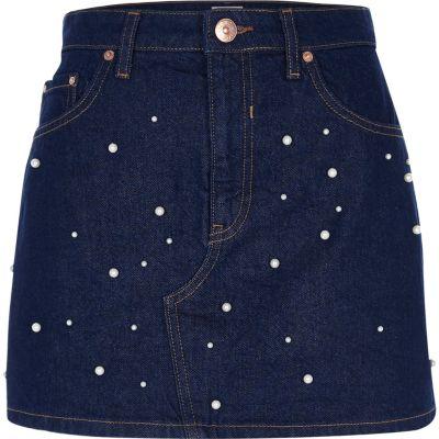 River Island Womens Pearl Embellished Denim Skirt