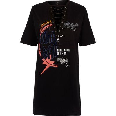 River Island Womens Spliced Rock Band Print Lace-up T-shirt