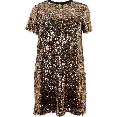 River Island Womens Plus Gold Sequin T-shirt Dress