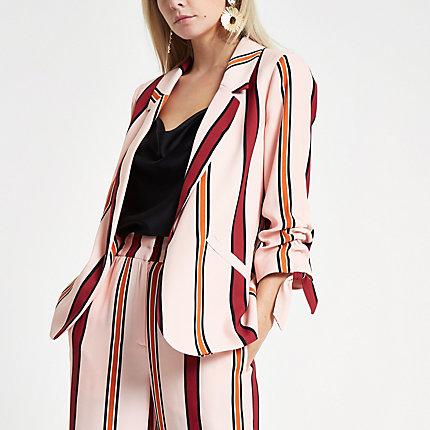 River Island Womens Petite Striped Ruched Sleeve Blazer