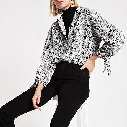 River Island Womens Snake Print Ruched Sleeve Blouse