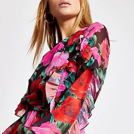 River Island Womens Floral Long Sleeve Tie Belted Blouse