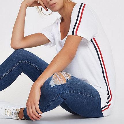River Island Womens White Side Stripe Short Sleeve T-shirt