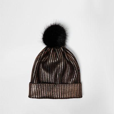 River Island Womens Gold Metallic Knit Bobble Hat