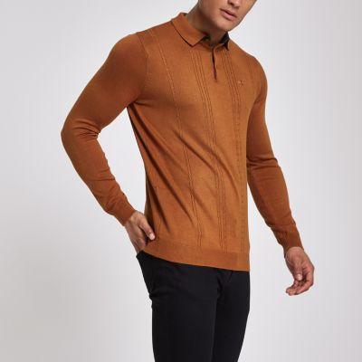 River Island Mens Cable Slim Fit Long Sleeve Polo Shirt