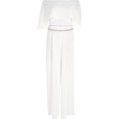 River Island Womens White Bardot Chain Belt Wide Leg Jumpsuit