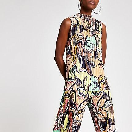 River Island Womens Print Ruched Neck Plisse Top