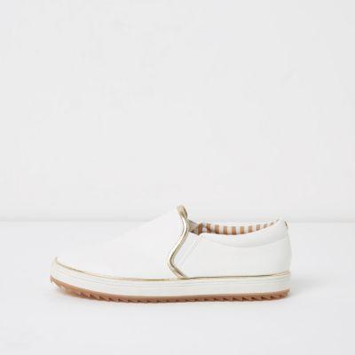 River Island Womens White Chunky Gold Tone Trim Slip On Plimsolls