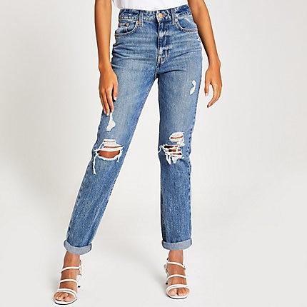 River Island Womens Authentic Denim Mom Ripped Jeans