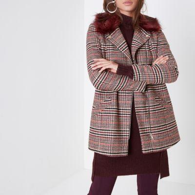 River Island Womens Heritage Check Faux Fur Biker Coat